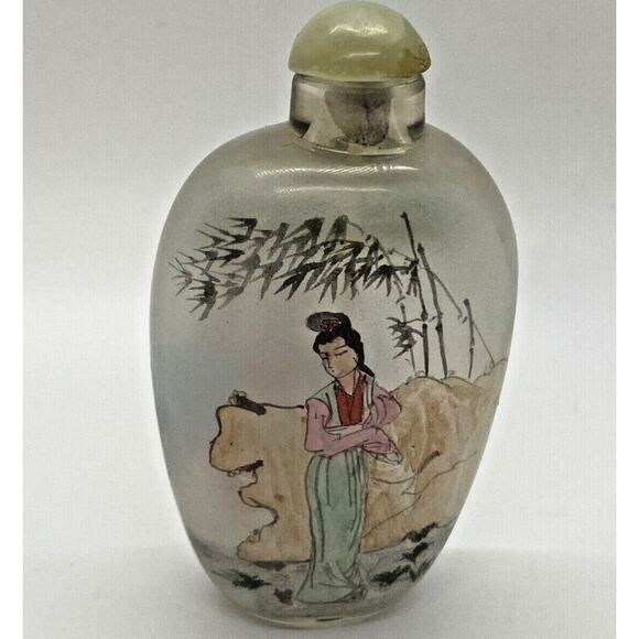 Vintage Chinese Snuff Bottle Painted Glass Woman in Landscape Scene with Trees - Picture 2 of 11